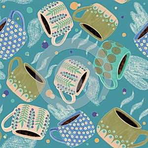 Cozy mug seamless pattern textile print and surface design. Tea or coffee mug. Raster version.