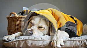 A cozy nap is in full swing as a dog, snug in a bee costume, finds comfort on a soft cushion, embodying the quiet of