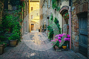 Cozy narrow street decorated with flowers and green plants, Italy