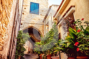 Cozy narrow street in Pano Lefkara village. Limassol District, C