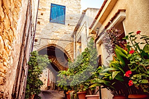 Cozy narrow street in Pano Lefkara village. Limassol District, C photo