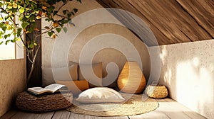 Cozy Natural Interior Corner with Soft Cushions and Decorative Elements in Serene Atmosphere