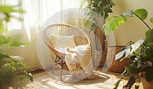 Cozy, natural interior with rattan chair, cushion, and blanket, surrounded by lush green plants. Inviting sunlight streams through