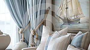 Cozy nautical-themed living room with sailing ship painting and marine elements photo