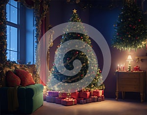 Cozy New Year interior with Christmas tree presents, lights, candles, and fireplace