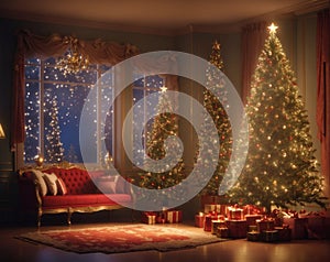 Cozy New Year interior with Christmas tree presents, lights, candles, and fireplace