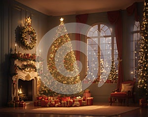 Cozy New Year interior with Christmas tree presents, lights, and fireplace