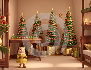 Cozy New Year interior with Christmas tree presents, lights, socks and fireplace