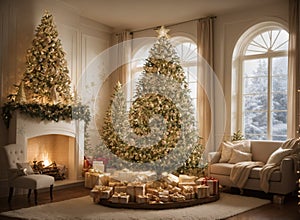 Cozy New Year interior with Christmas tree presents, lights, socks and fireplace
