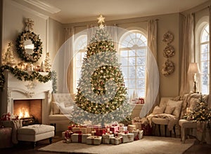 Cozy New Year interior with Christmas tree presents, lights, socks and fireplace