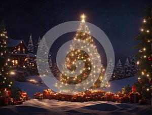 Cozy New Year night with Christmas tree with decorations