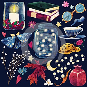 Cozy night clipart set with books, led lights and tea cup
