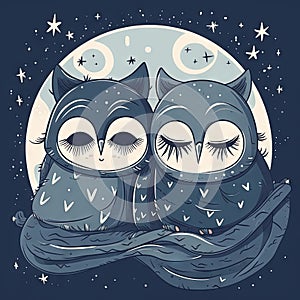 Cozy Night: Two Owls Sleeping Under a Blanket with Cute Stars and Moon.