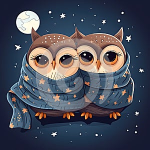 Cozy Night: Two Owls Sleeping Under a Blanket with Cute Stars and Moon.