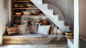 Cozy nook under a staircase with rustic wood and ceramic decor photo