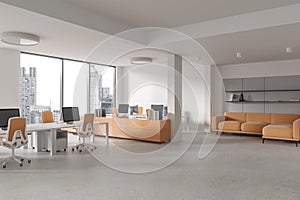 Cozy office coworking interior workspace, lounge zone and panoramic window