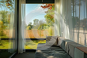 cozy office nook with sofa, transparent faade offers a view of a sunny meadow photo