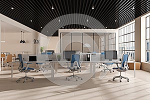 Cozy office room interior with work zone and conference room, panoramic window