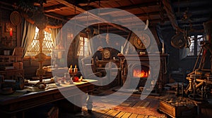 a cozy old fashioned kitchen with open fireplace and old clocks