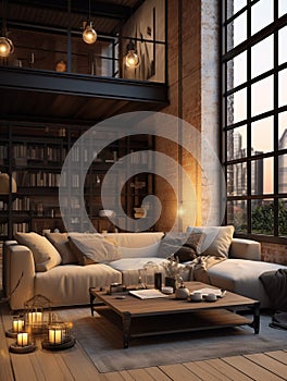 Cozy open loft living room with cityscape and candles