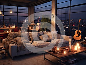 Cozy open loft living room with cityscape and candles