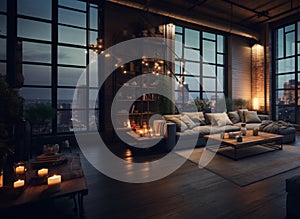 Cozy open loft living room with cityscape and candles