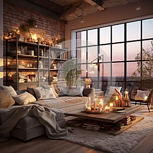 Cozy open loft living room with cityscape and candles