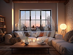 Cozy open loft living room with cityscape and candles