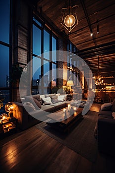 Cozy open loft living room with cityscape and candles