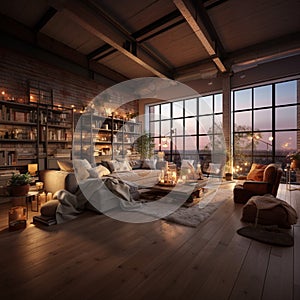 Cozy open loft living room with cityscape and candles