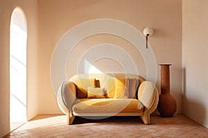 Cozy orange loveseat sofa against of arched window. Interior design of modern living room. Created with generative AI