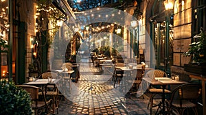 Cozy Outdoor Cafe in European Alleyway at Dusk With String Lights and Cobblestone Path
