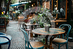 A cozy outdoor cafe setting with tables, chairs, and potted plants for shoppers to relax and enjoy refreshments, A cozy cafe area