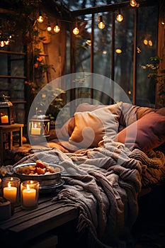 A cozy outdoor evening scene in a countryhouse featuring a warm blanket, pillows, candles and lanterns light bulbs