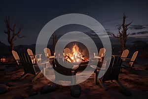 A cozy outdoor fire pit surrounded by chairs in the evening. AI Generated