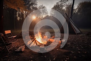 Cozy Outdoor Gathering: Captivating Bonfire with Firewood, Chairs, and Tents