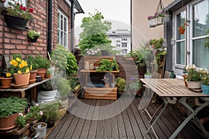 cozy outdoor patio with mini garden, filled with plants and flowers