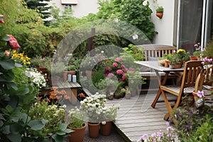 cozy outdoor patio with mini garden, filled with plants and flowers