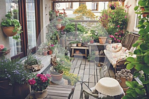 cozy outdoor patio with mini garden, filled with plants and flowers