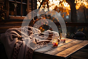 Cozy outdoor scene featuring a warm blanket, candles and fallen leaves on a countryhouse terrace
