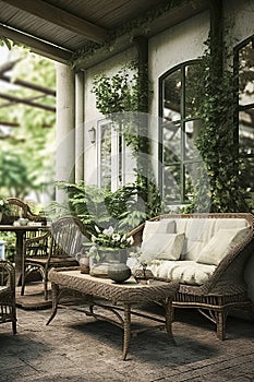 a cozy outdoor seating area with wicker furniture, cushions, plants, and climbing vines on a white wall
