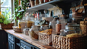 Cozy Pantry with Woven Baskets and Labeled Spice Jars - AI Generated