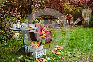 Cozy patio. Autumn leaves lie on a wooden antique round table with crockery cups and cookies and candles.