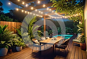 Cozy patio in the back garden with wooden decking, tropical plants and plunge pool. modern design of a place to relax at home,