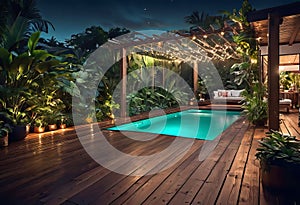 Cozy patio in the back garden with wooden decking, tropical plants and plunge pool. modern design of a place to relax at home,