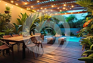 Cozy patio in the back garden with wooden decking, tropical plants and plunge pool. modern design of a place to relax at home,