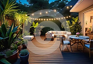 Cozy patio in the back garden with wooden decking, tropical plants and plunge pool. modern design of a place to relax at home,