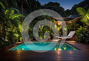 Cozy patio in the back garden with wooden decking, tropical plants and plunge pool. modern design of a place to relax at home,