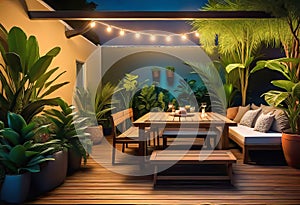 Cozy patio in the back garden with wooden decking, tropical plants and plunge pool. modern design of a place to relax at home,