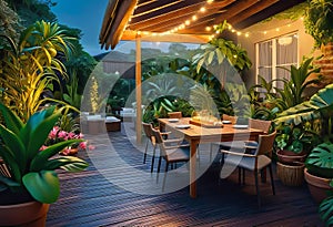 Cozy patio in the back garden with wooden decking, tropical plants and plunge pool. modern design of a place to relax at home,